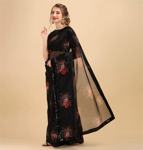 Black & Coral Floral Sequinned Organza Celebrity Saree